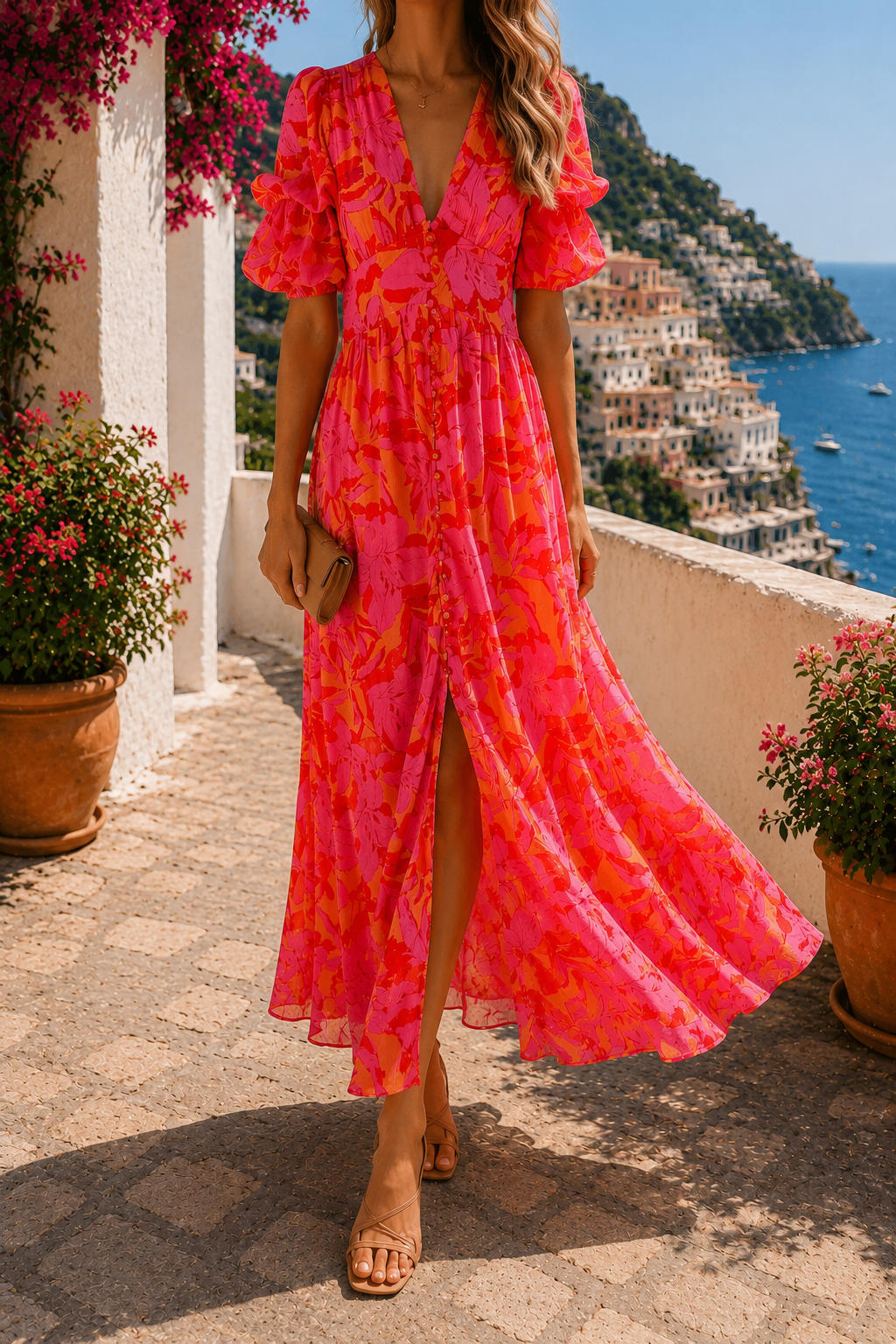 Abito lungo resort chic rosa e arancio
