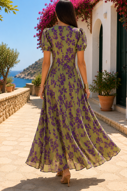 Abito lungo resort chic verde e viola