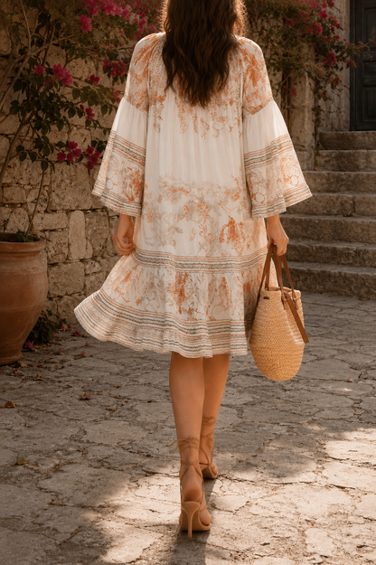 Abito corto con stampa boho e maniche ampie