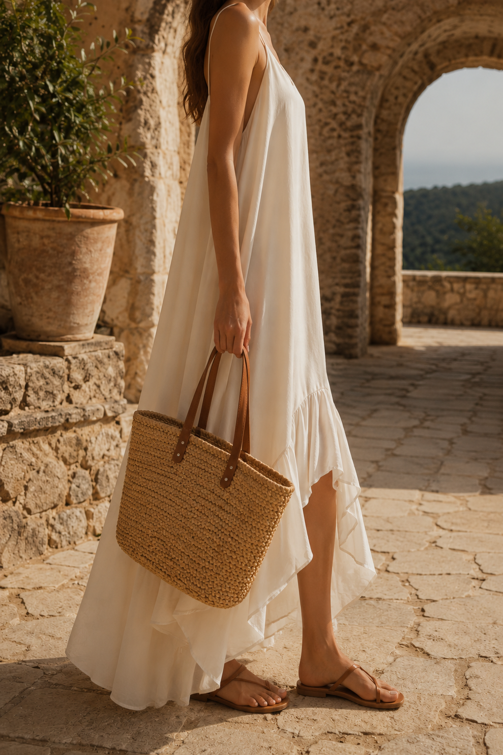 Abito lungo in chiffon con spalline e orlo asimmetrico