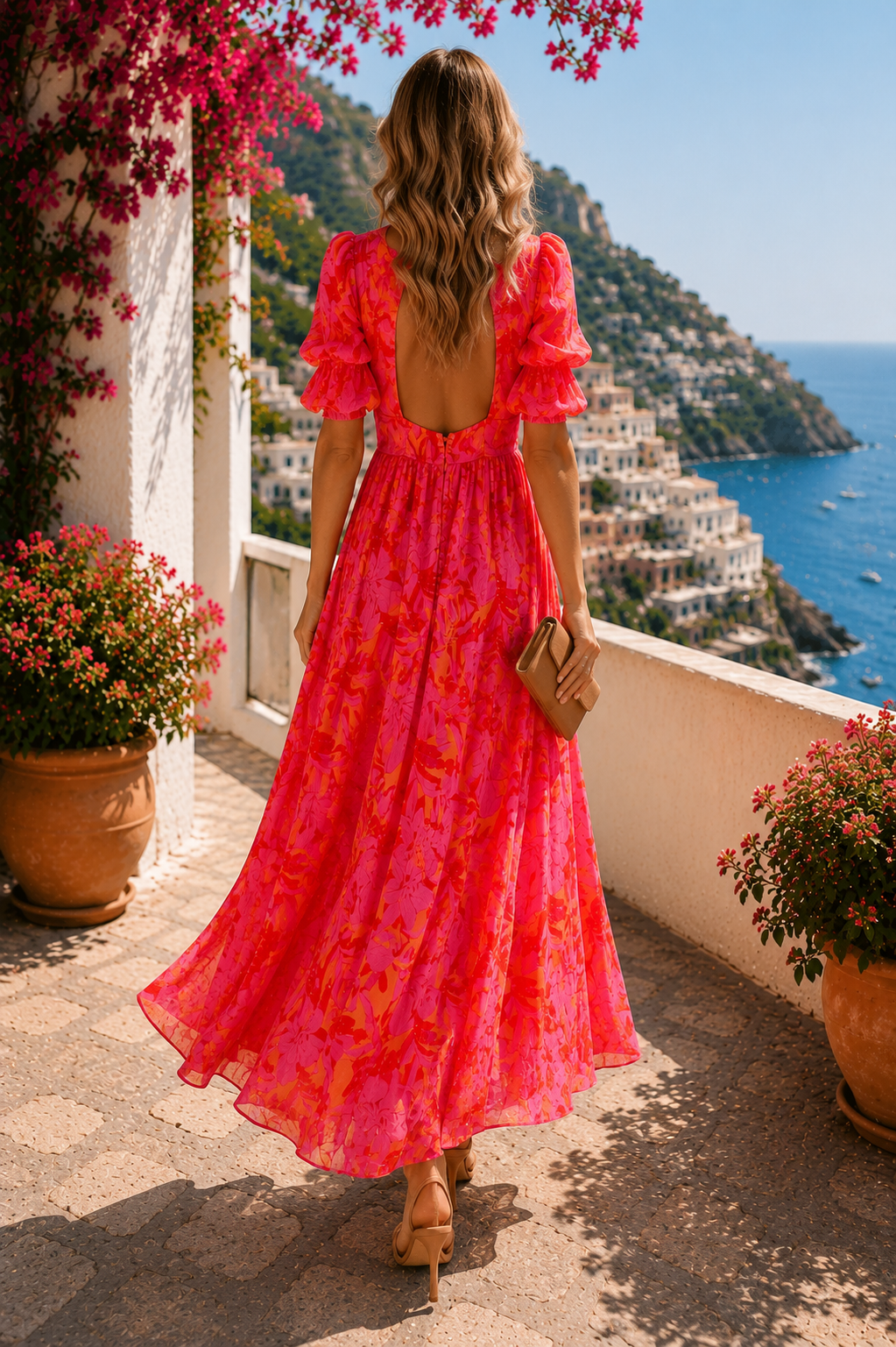 Abito lungo resort chic rosa e arancio