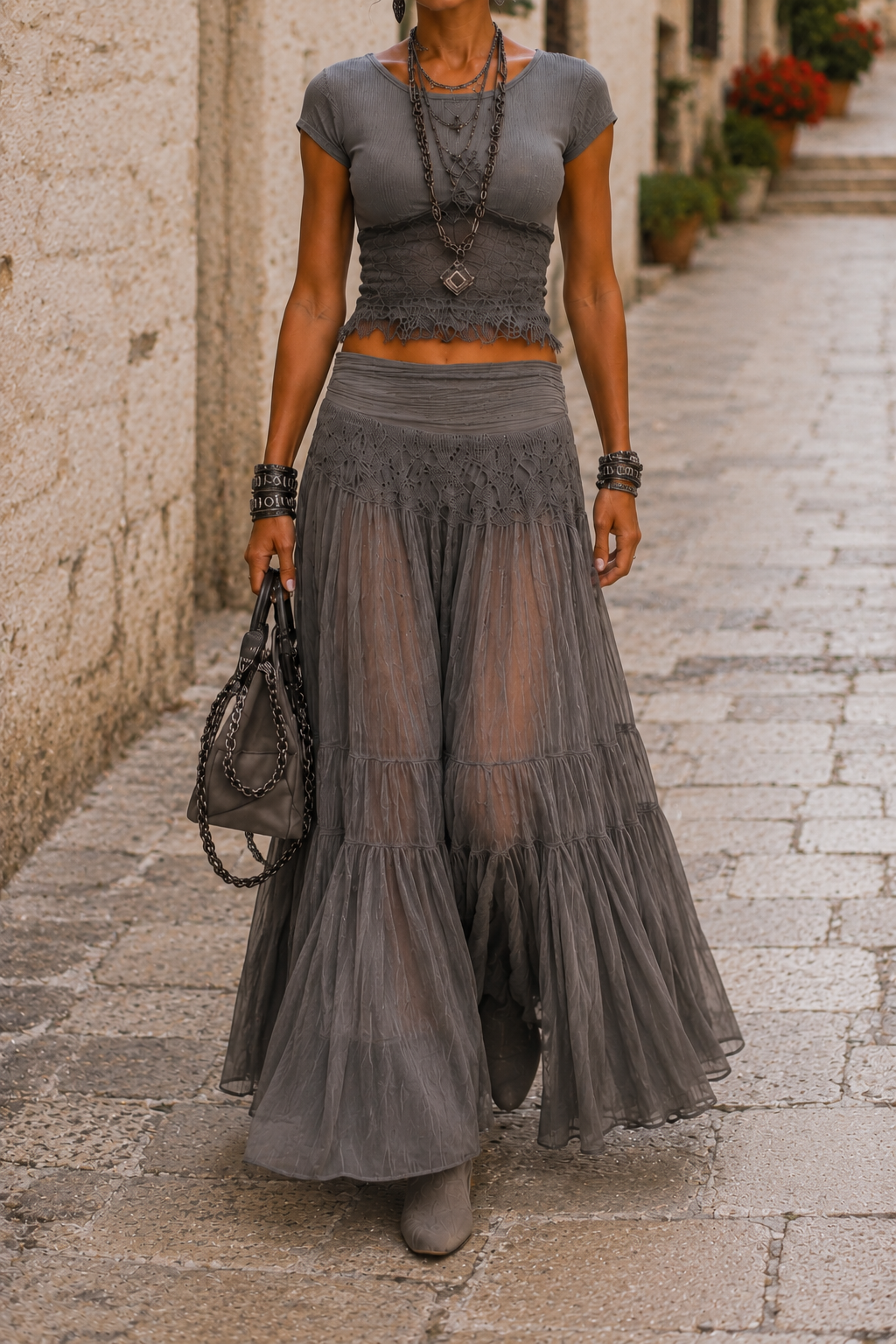Completo boho chic con gonna lunga