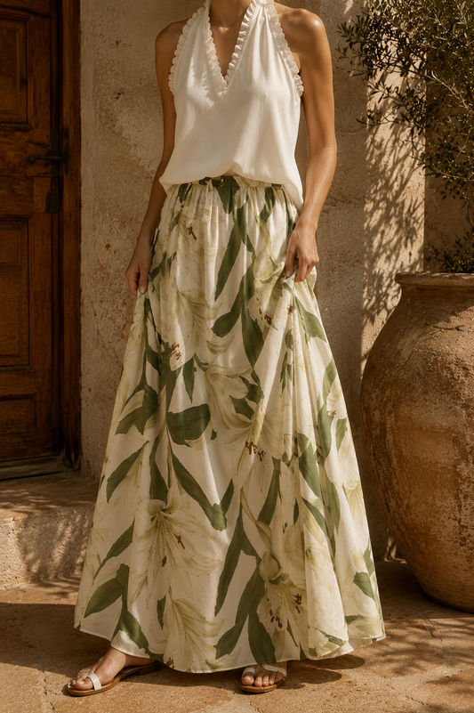 Completo estivo con top halter e gonna lunga floreale